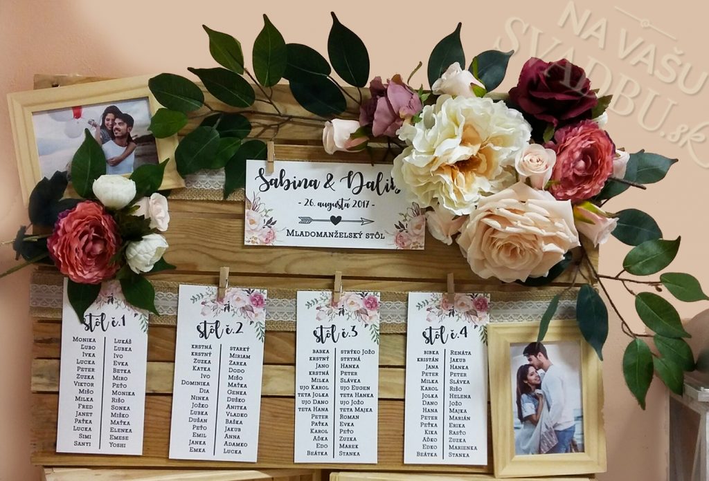 Boho wedding seating chart on palette with peonies